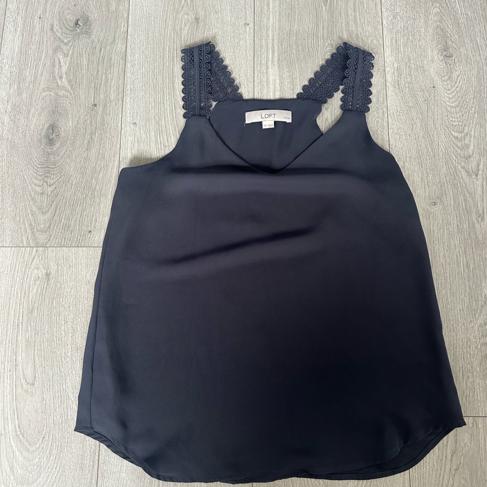 LOFT Navy Sleeveless Top with Lace Accents